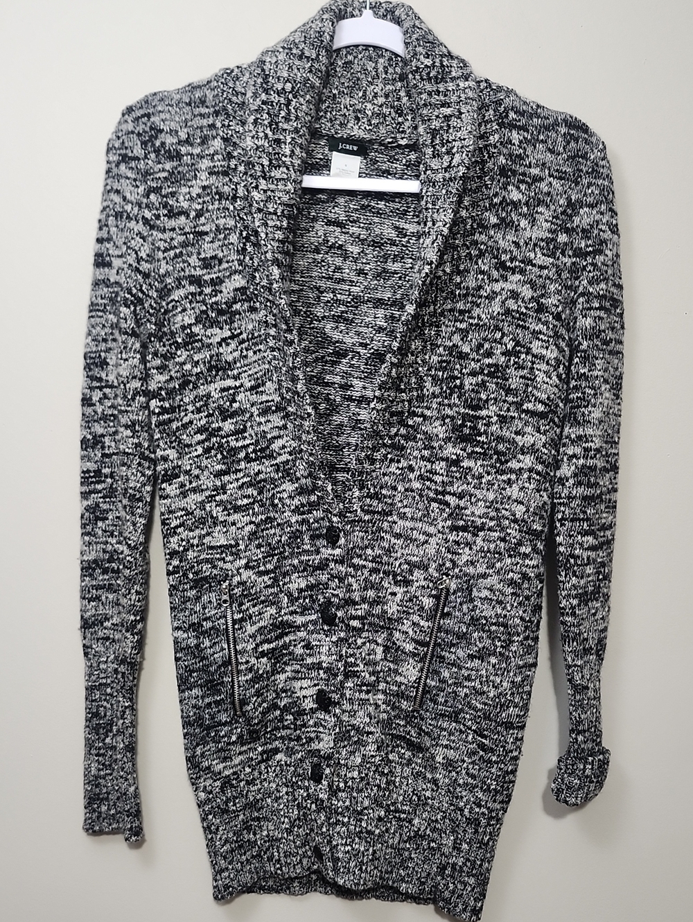 J.Crew Marled Knit Shawl Collar Cardigan Wool Blend Zipper Pockets Cabin Granny